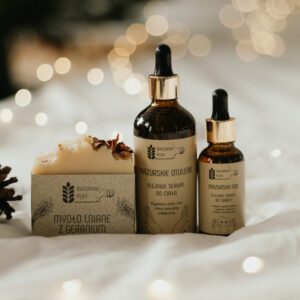 Zestaw kosmetyczny - Serum do twarzy Mazurska Noc 30 ml + serum do ciała Mazurskie Otulenie 100 ml + mydło naturalne (lniane lub rzepakowe)